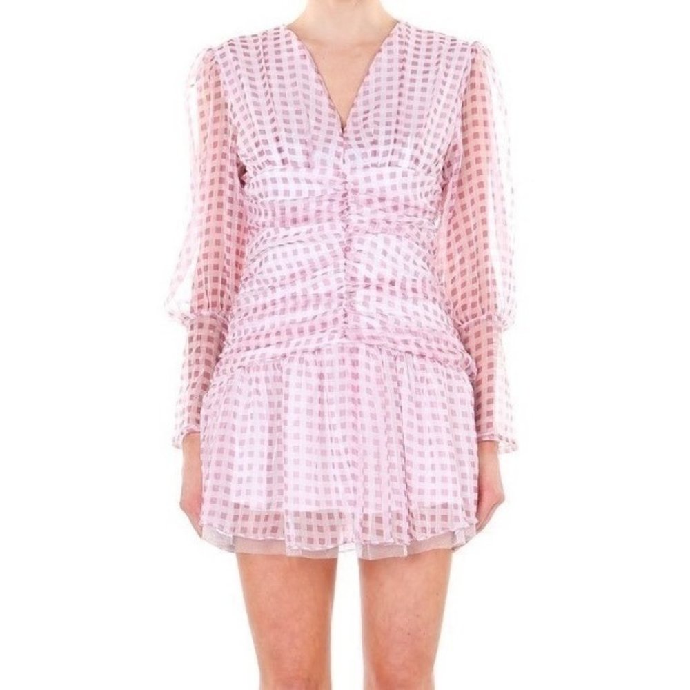 Beulah Style Long Sleeve V-Neck Ruched Gingham Mini Dress Pink Size Large NWT